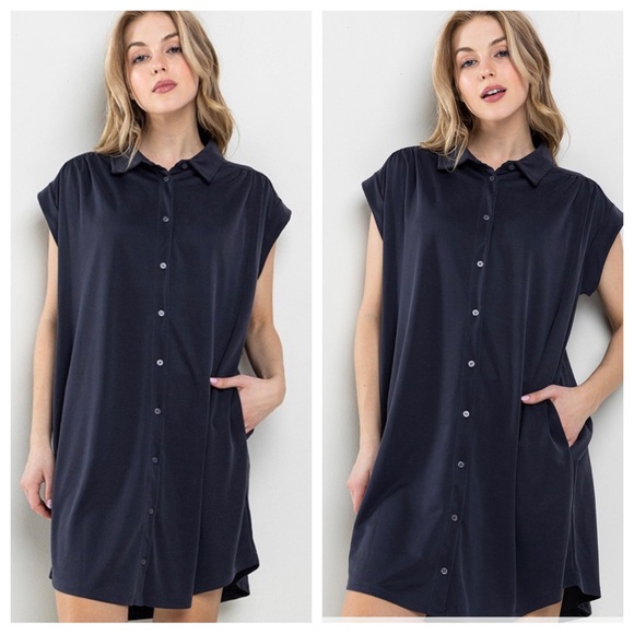 30 Solid Collared Mini Dress With Side Pockets - Picture 3 of 3